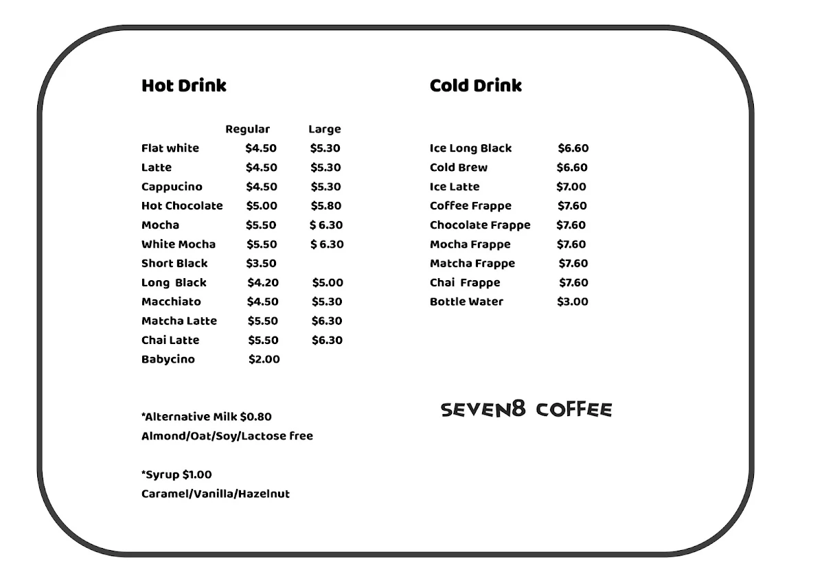 Menu, Seven8 Coffee