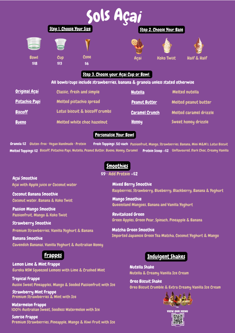 Menu, Sols Acai