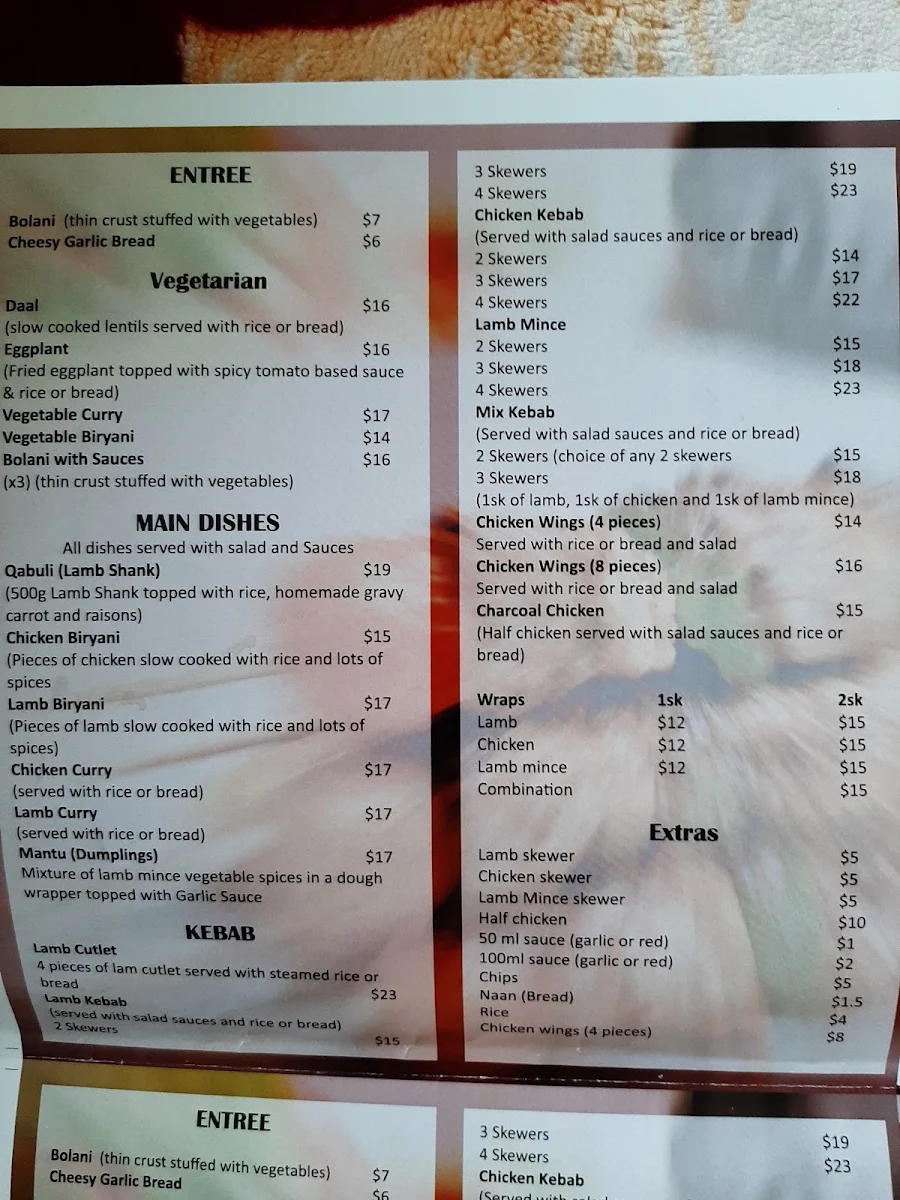 Menu, Afghan Flavour