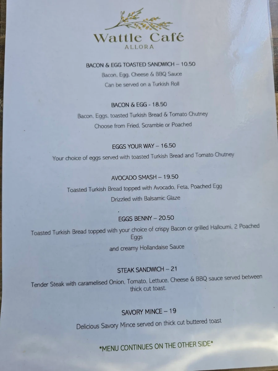 Menu, The Wattle Cafe, Allora.