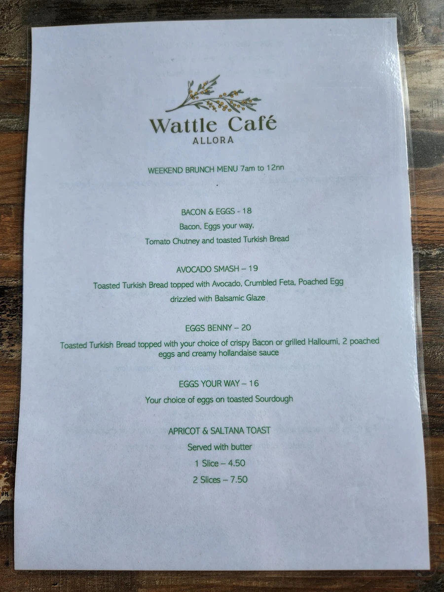 Menu, The Wattle Cafe, Allora.