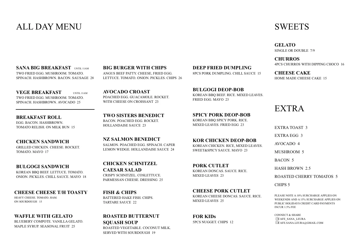Menu, Cafe Sana Leura