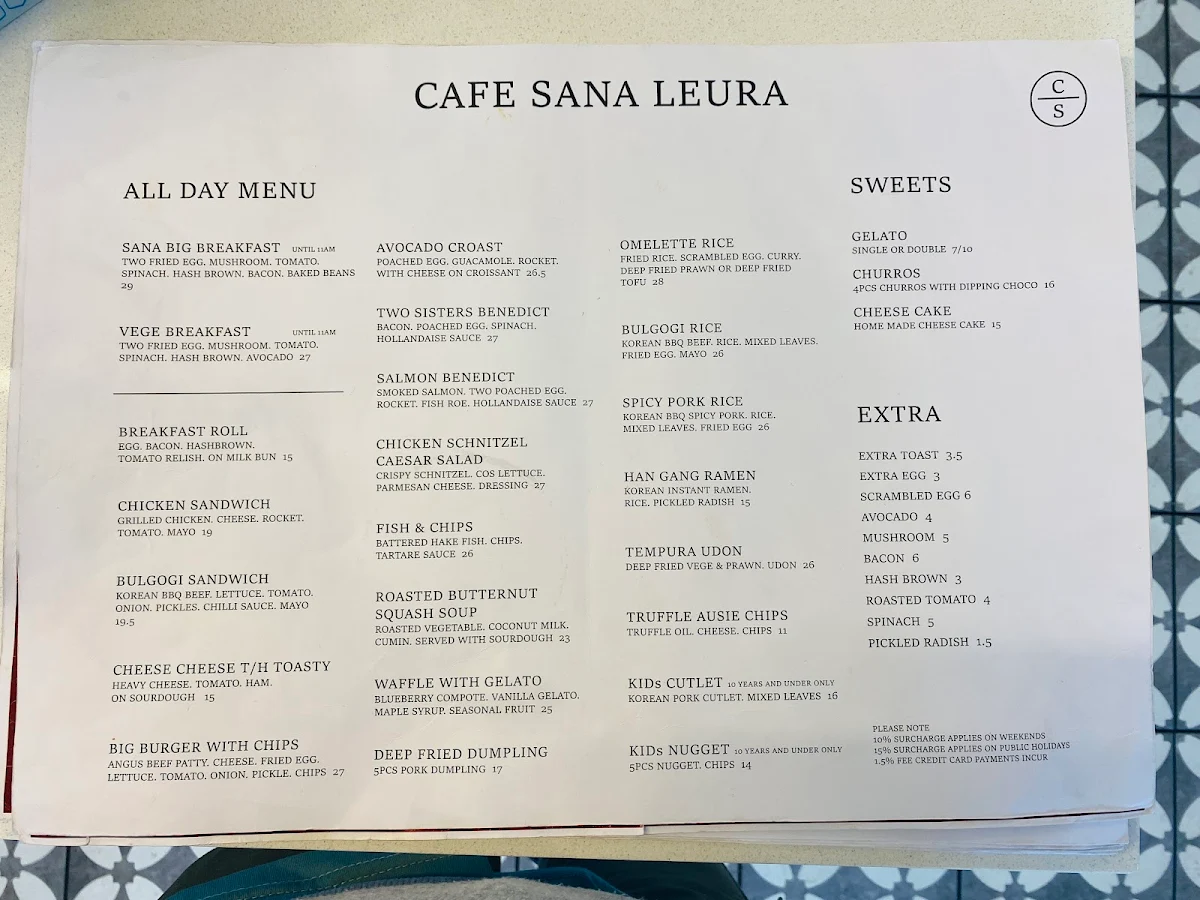 Menu, Cafe Sana Leura