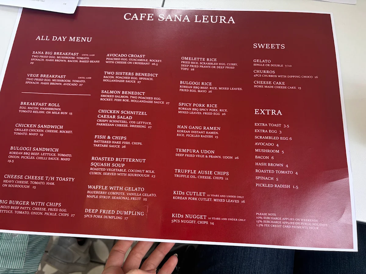 Menu, Cafe Sana Leura