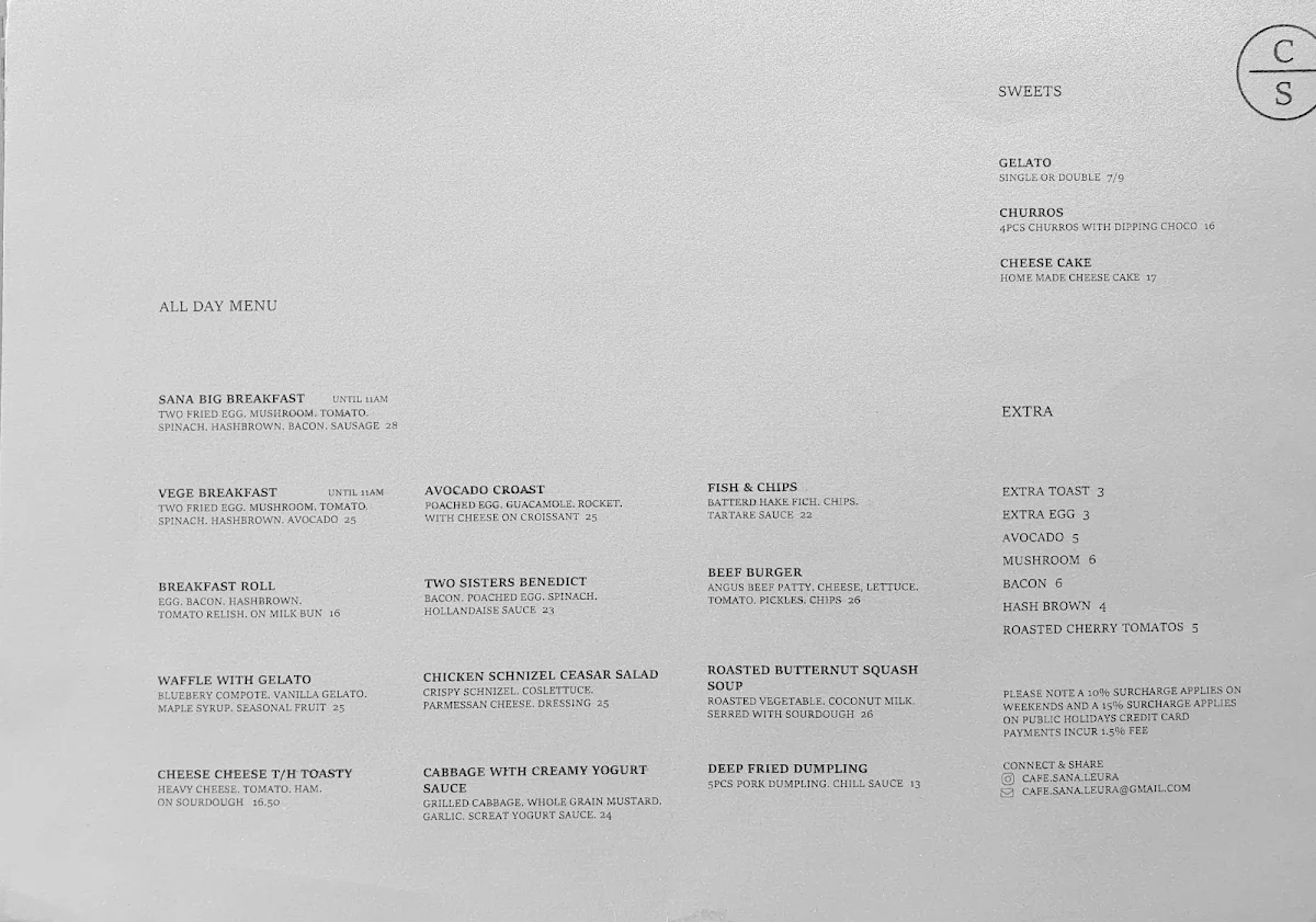 Menu, Cafe Sana Leura
