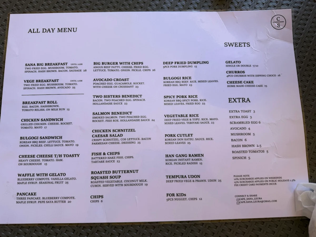 Menu, Cafe Sana Leura