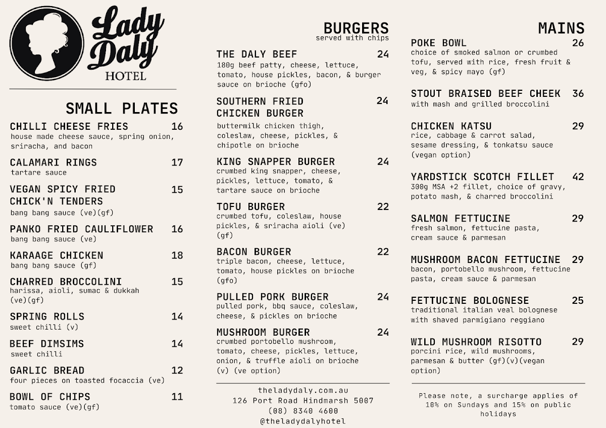 Menu, The Lady Daly Hotel