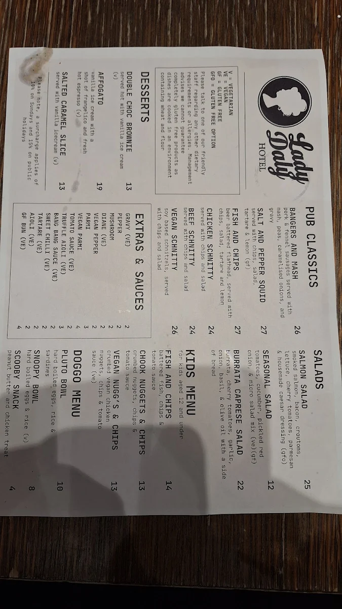 Menu, The Lady Daly Hotel