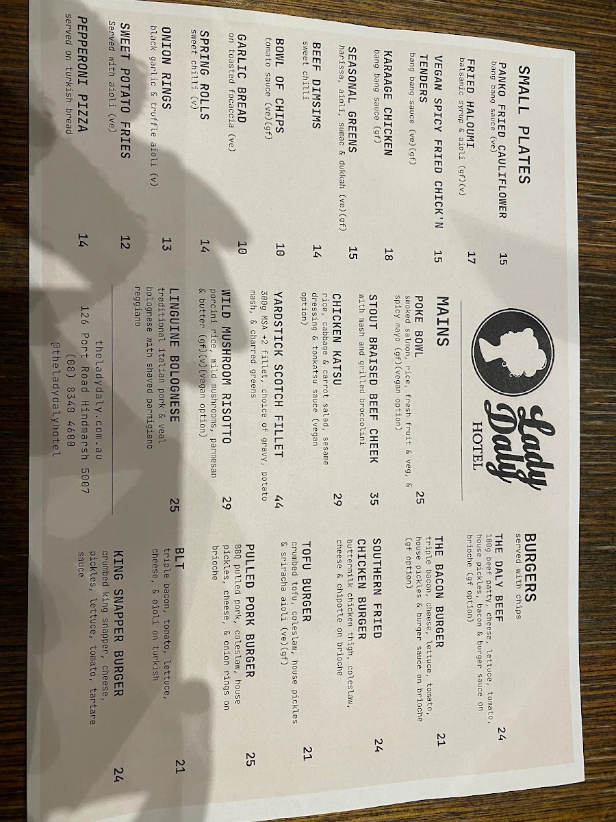 Menu, The Lady Daly Hotel