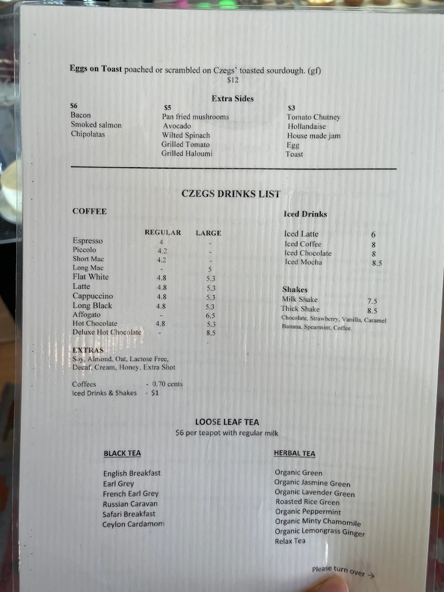 Menu, Czegs' Hobart