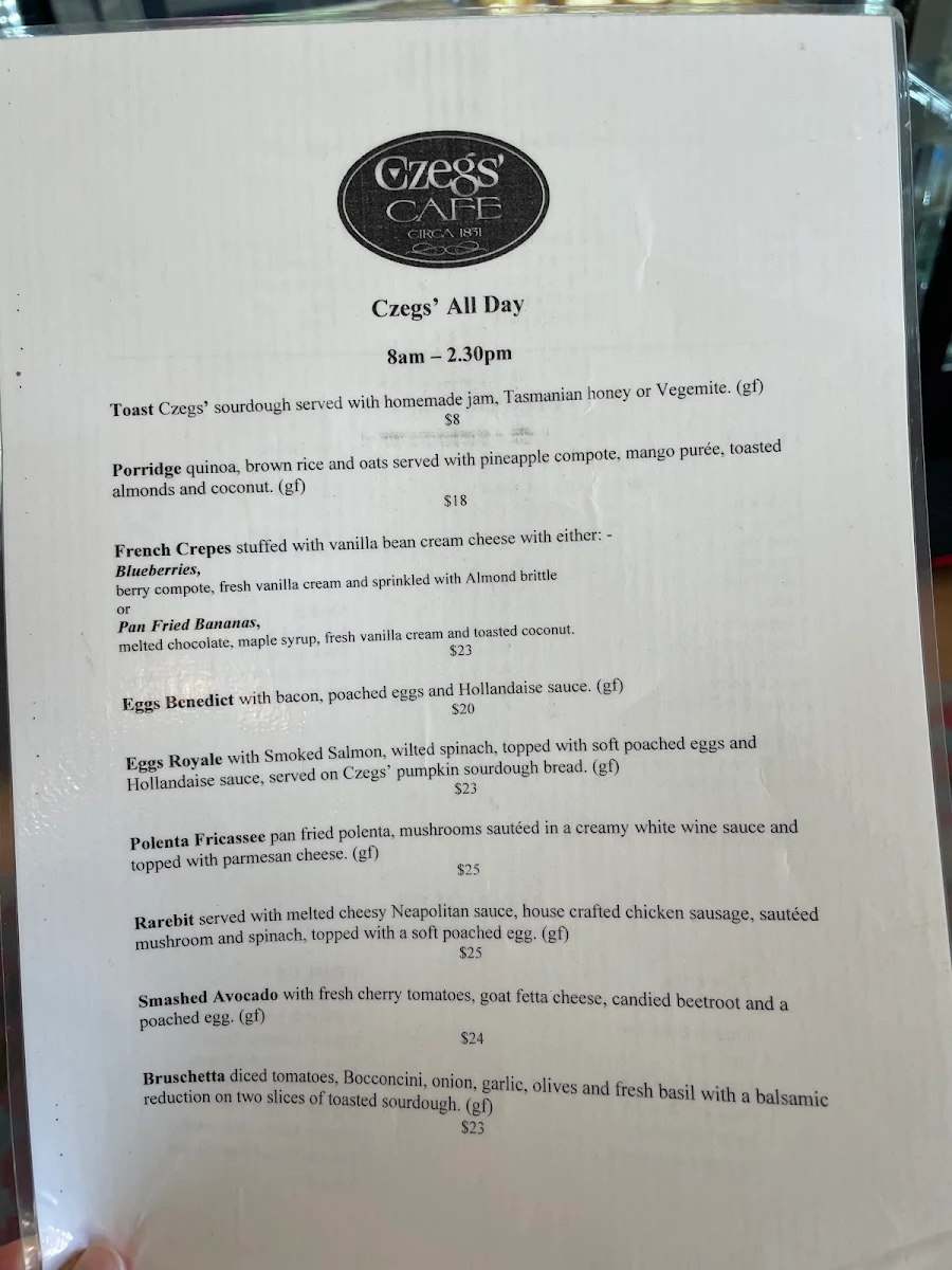 Menu, Czegs' Hobart
