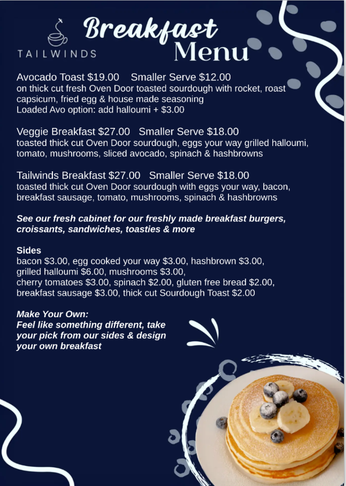 Menu, Tailwinds Cafe Bullsbrook