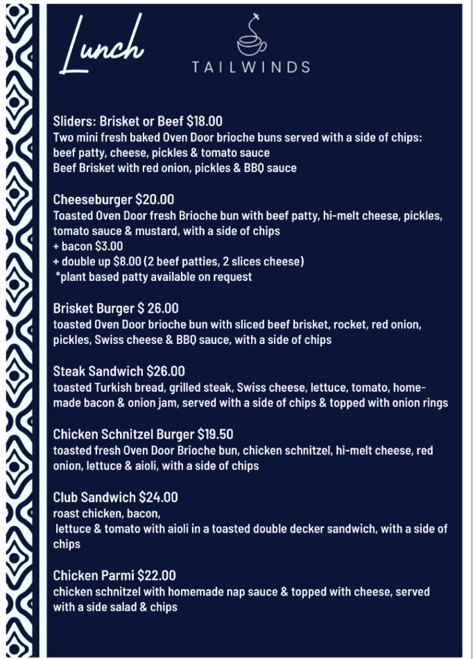Menu, Tailwinds Cafe Bullsbrook