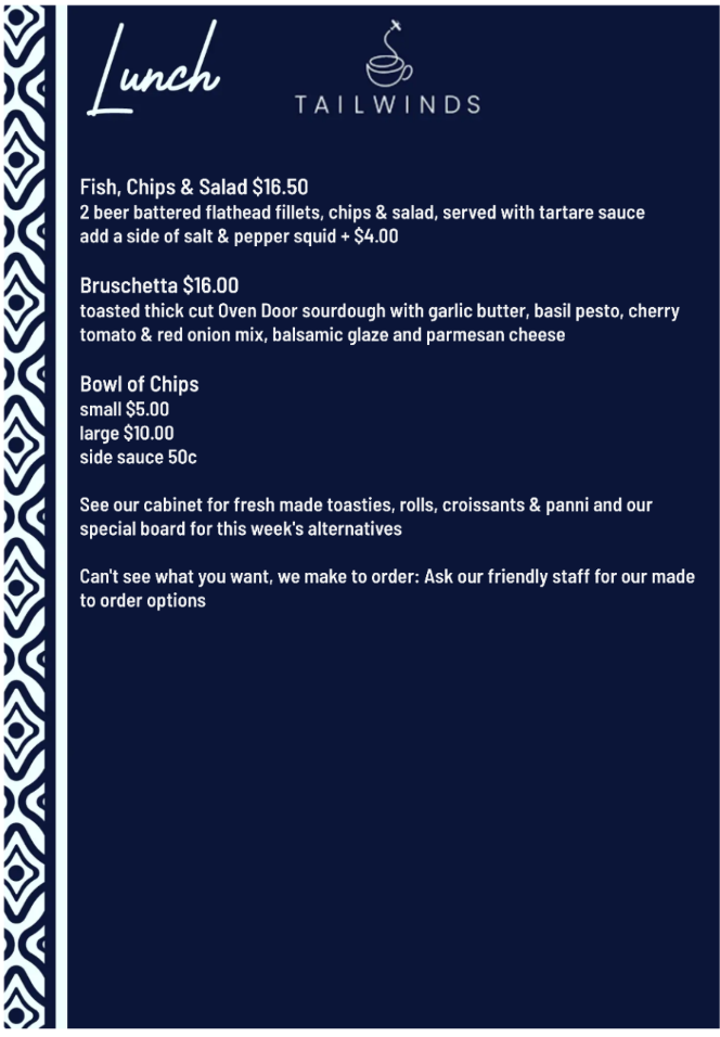 Menu, Tailwinds Cafe Bullsbrook