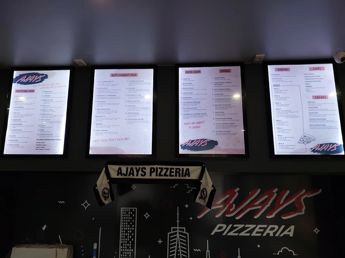 Menu, Ajays Pizzeria.
