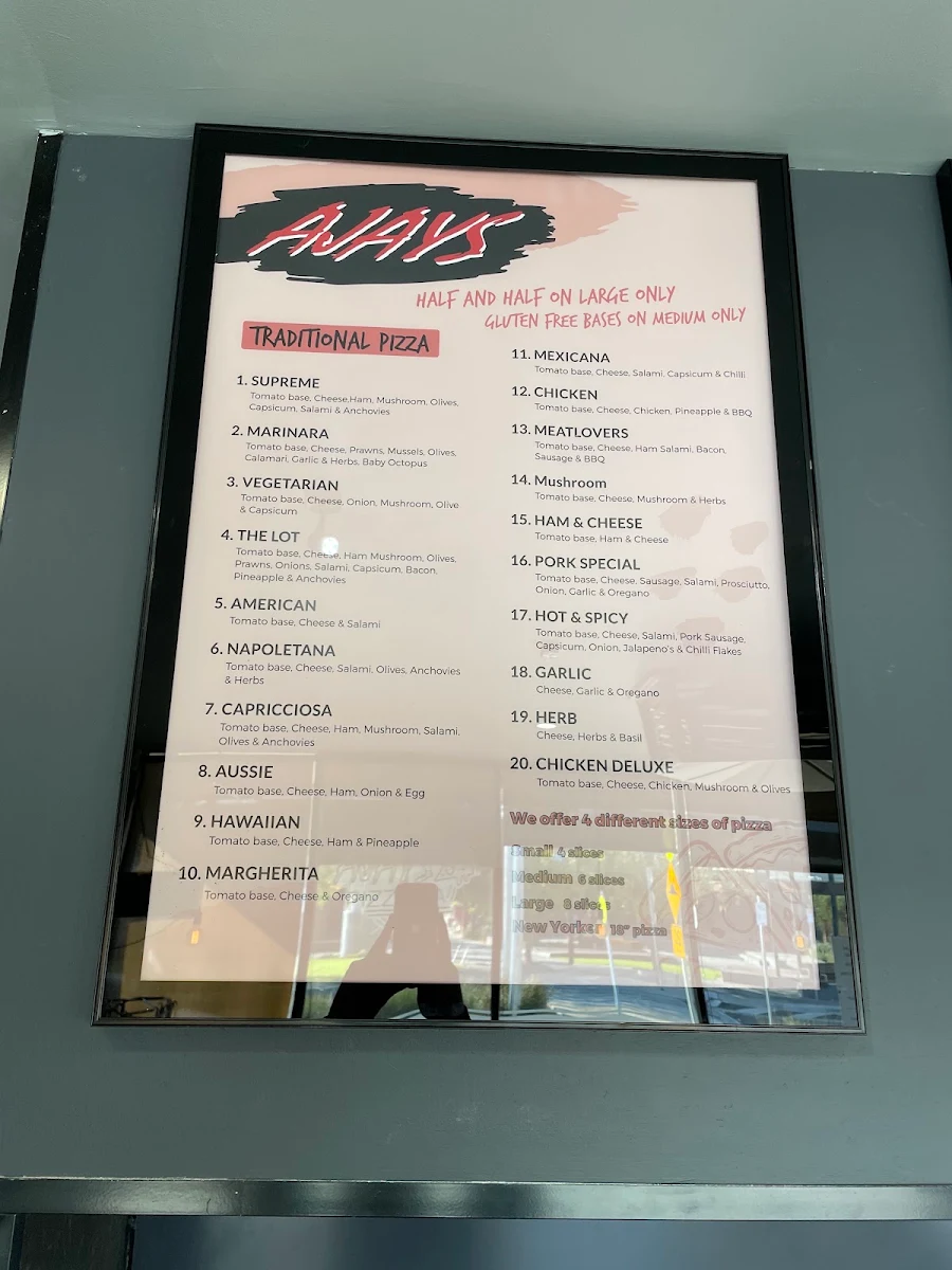 Menu, Ajays Pizzeria.