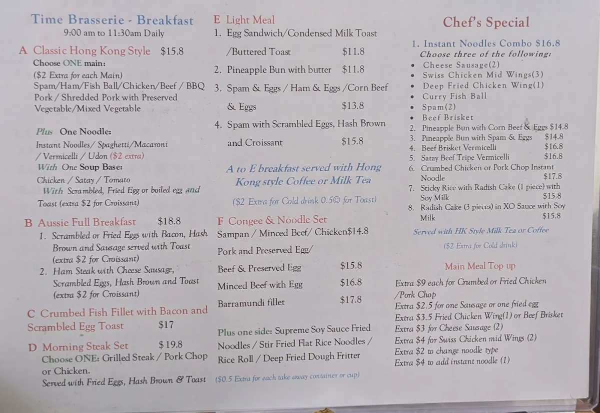 Menu, Time Brasserie