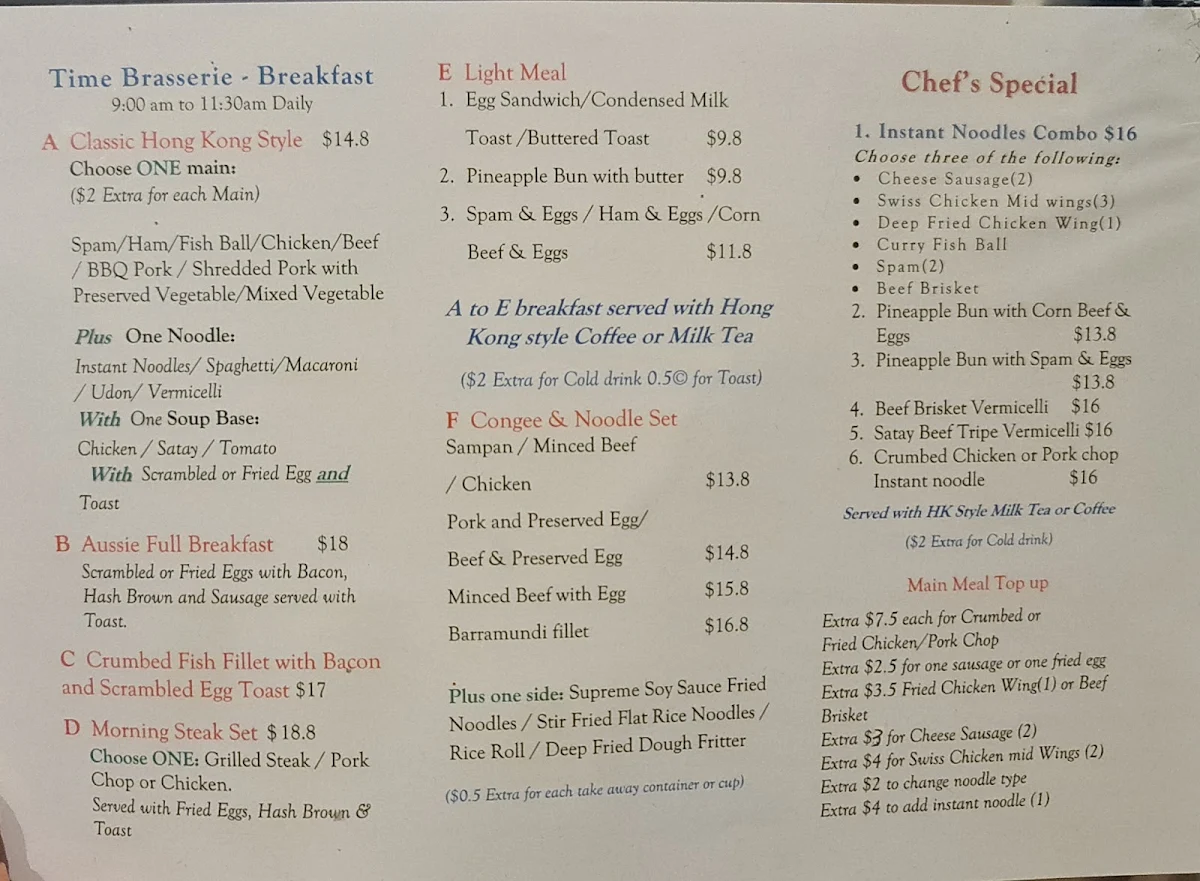 Menu, Time Brasserie