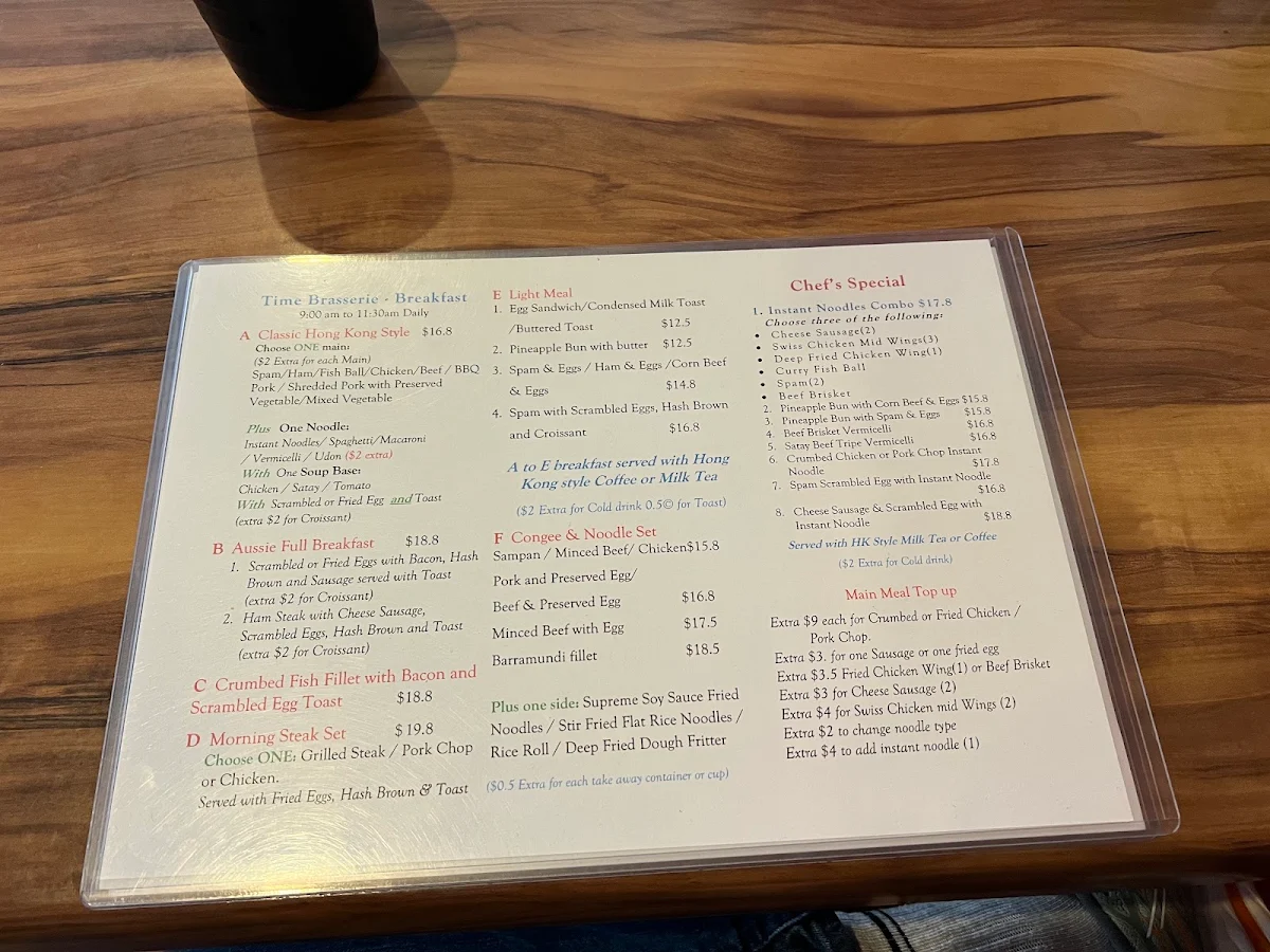 Menu, Time Brasserie