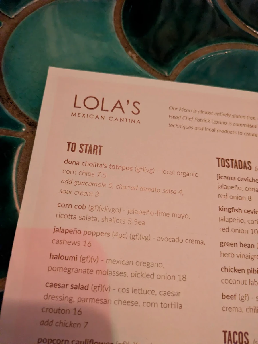 Menu, Lola's Mexican Cantina