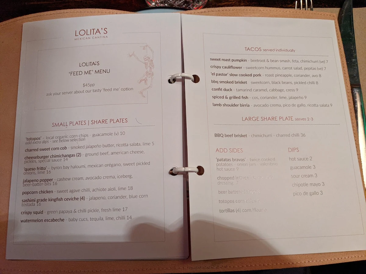 Menu, Lola's Mexican Cantina