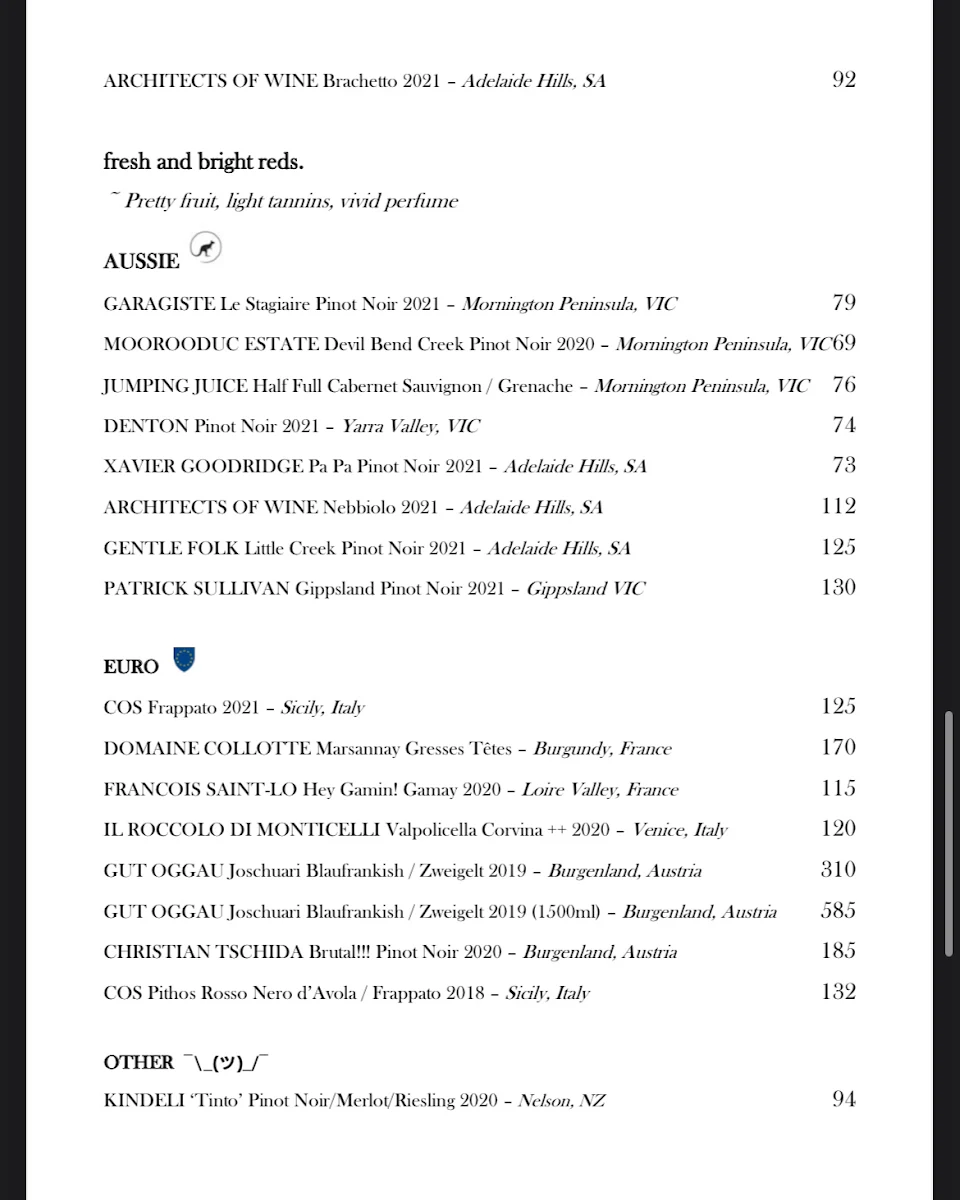 Menu, Bar Elvina