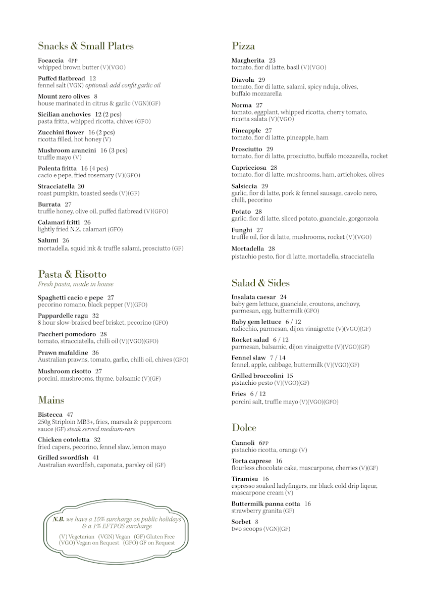 Menu, Dawson Neighbourhood Italian