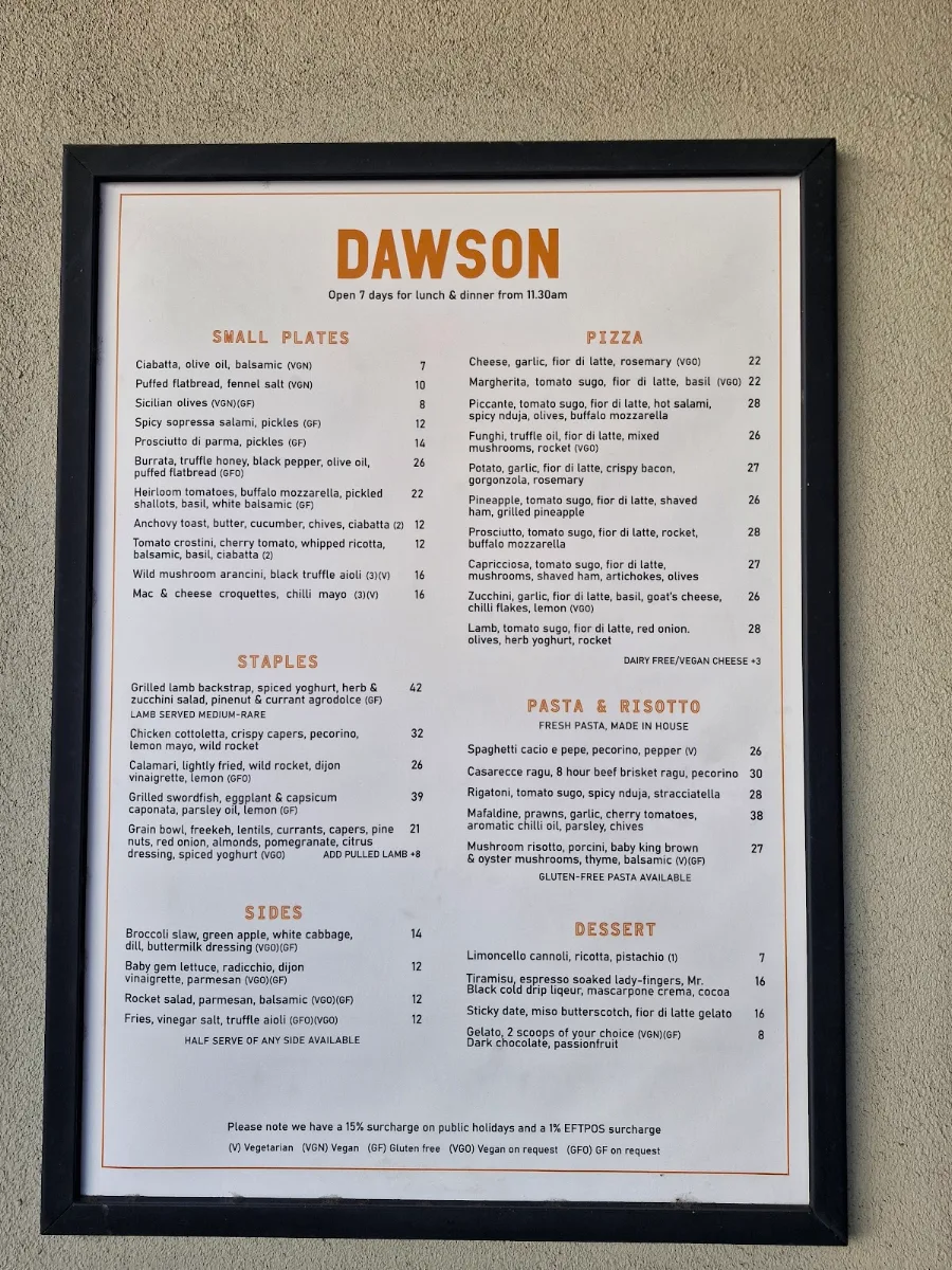 Menu, Dawson Neighbourhood Italian