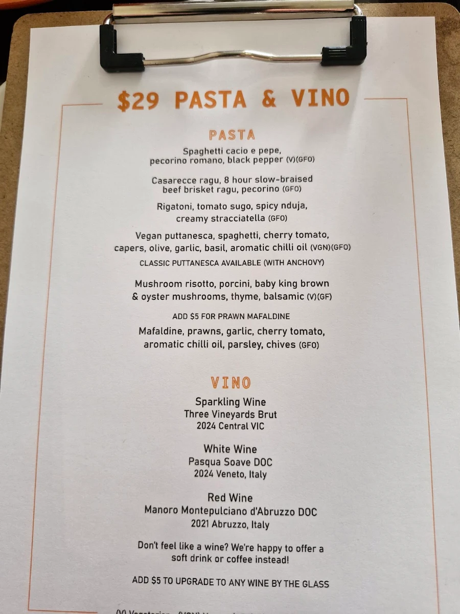 Menu, Dawson Neighbourhood Italian