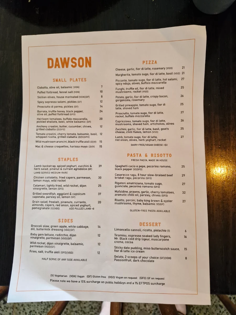 Menu, Dawson Neighbourhood Italian