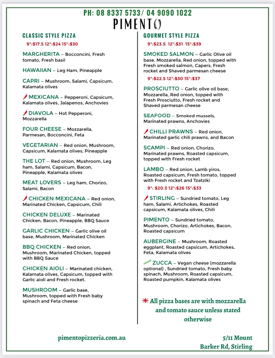 Menu, Pimento Pizzeria