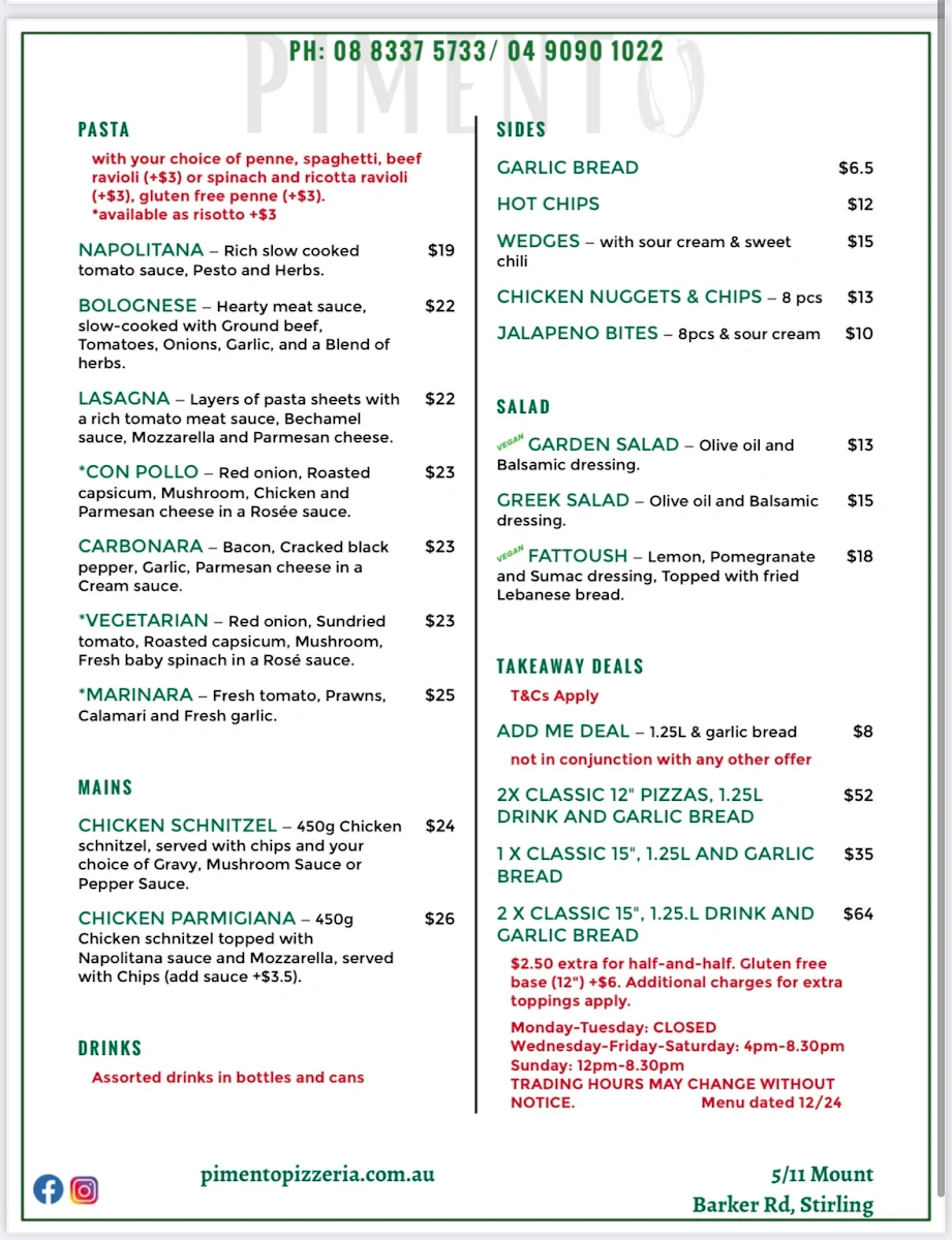 Menu, Pimento Pizzeria