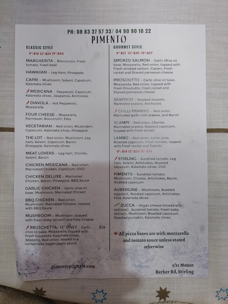 Menu, Pimento Pizzeria