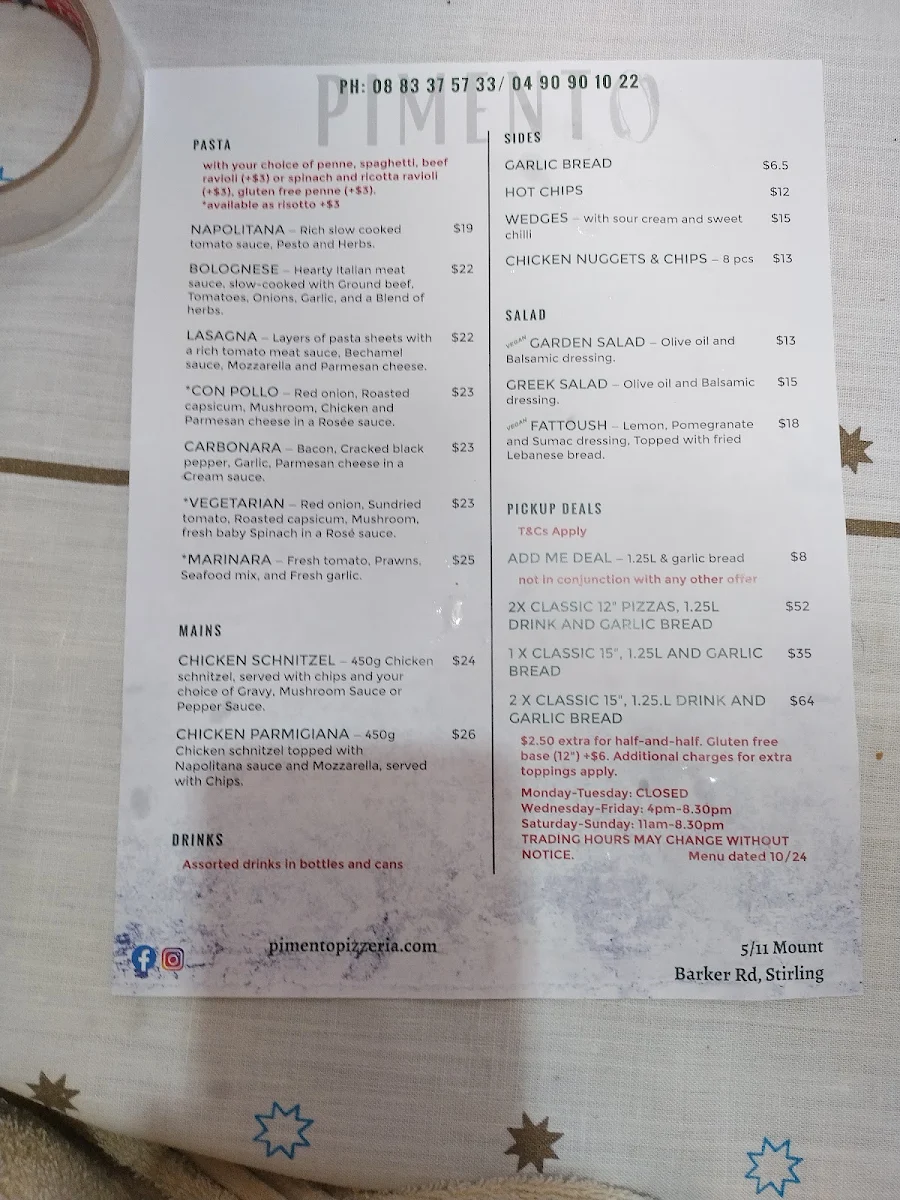 Menu, Pimento Pizzeria