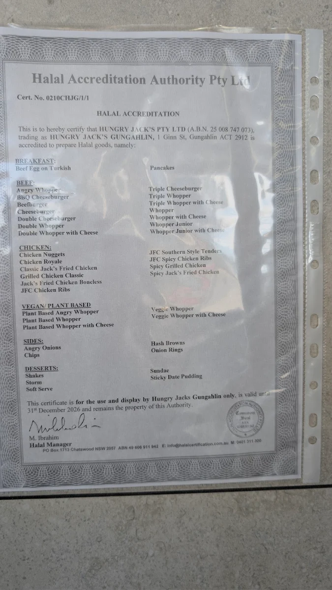 Menu, Hungry Jack's Burgers Gungahlin