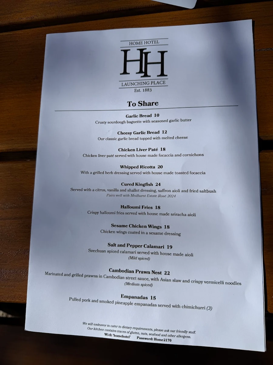 Menu, Launching Place Home Hotel