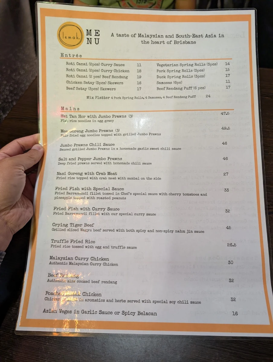 Menu, Lemak Kitchen and Bar Woolloongabba