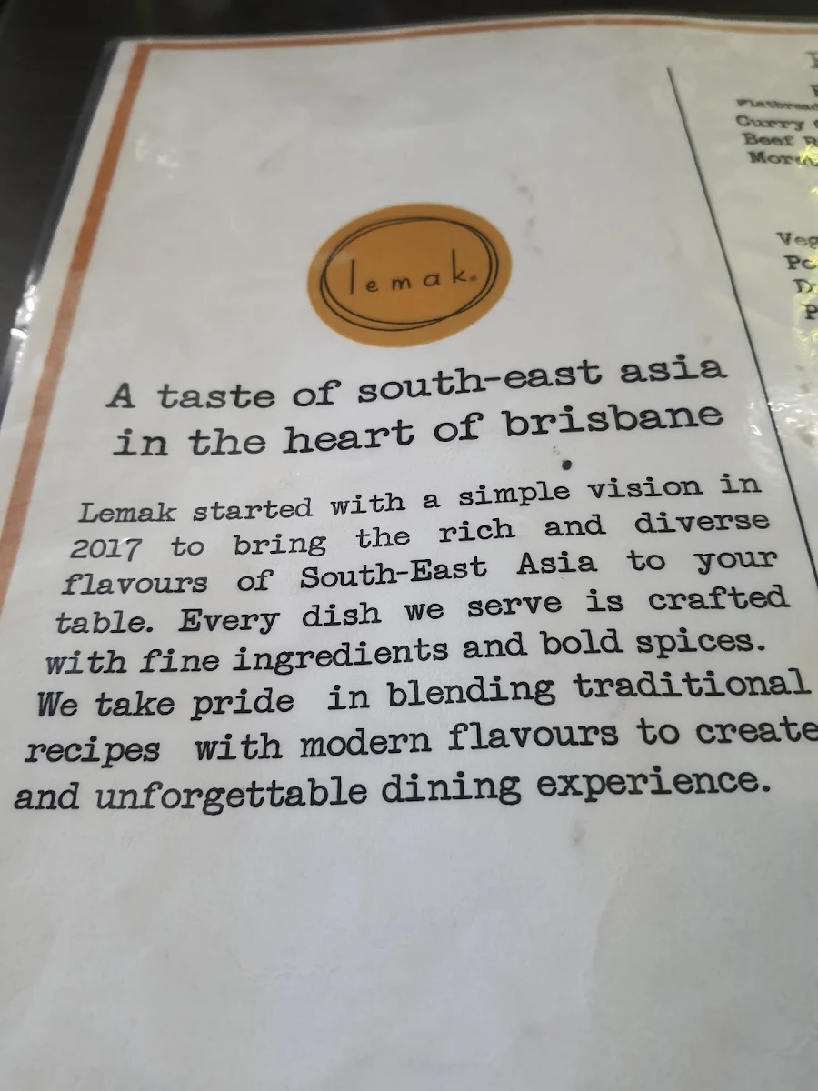 Menu, Lemak Kitchen and Bar Woolloongabba