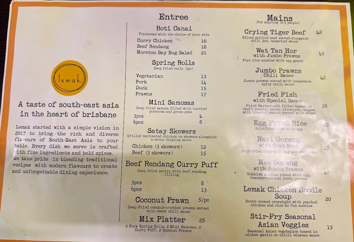 Menu, Lemak Kitchen and Bar Woolloongabba