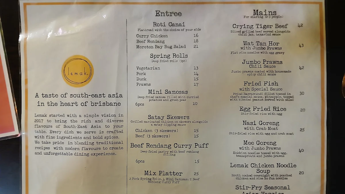 Menu, Lemak Kitchen and Bar Woolloongabba