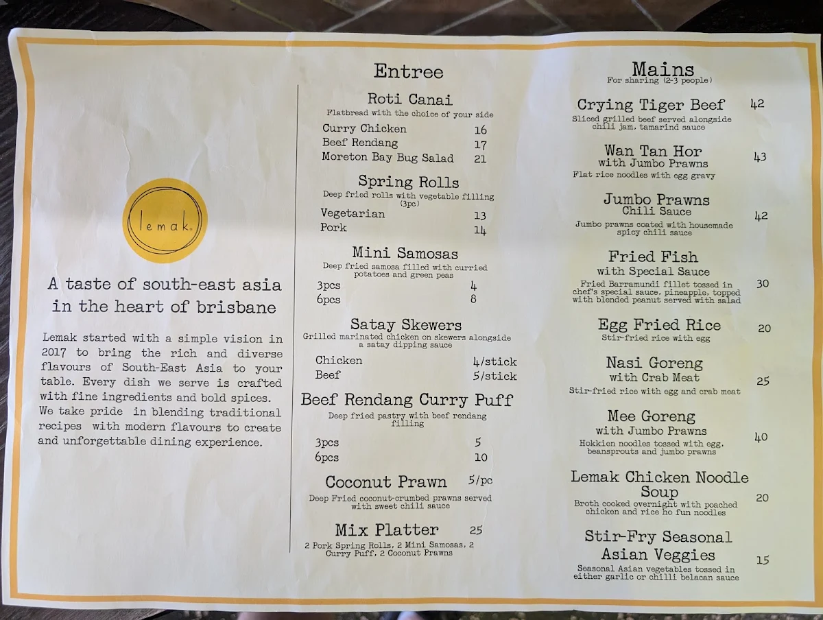 Menu, Lemak Kitchen and Bar Woolloongabba