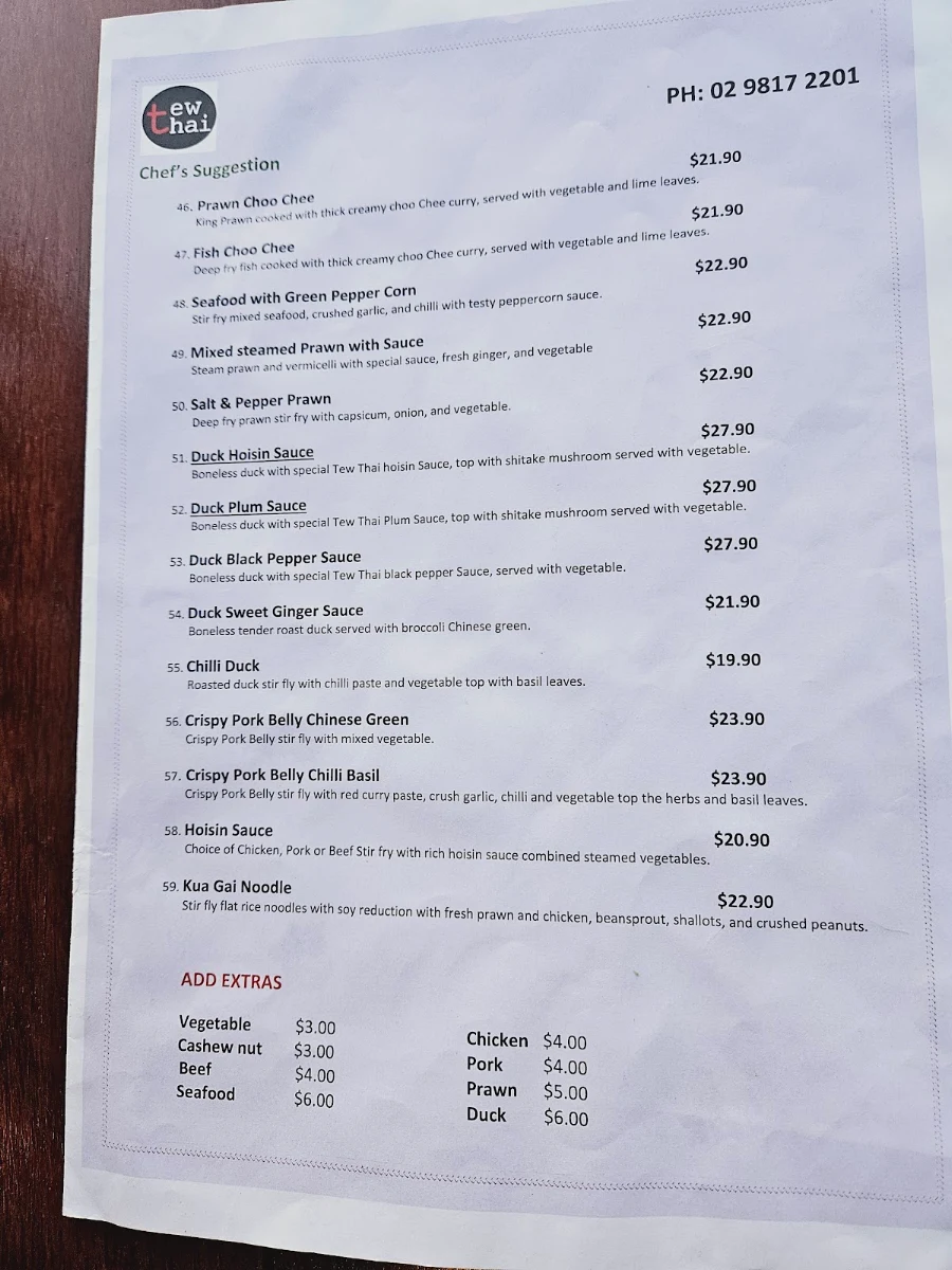 Menu, Tew Thai Always Authentic