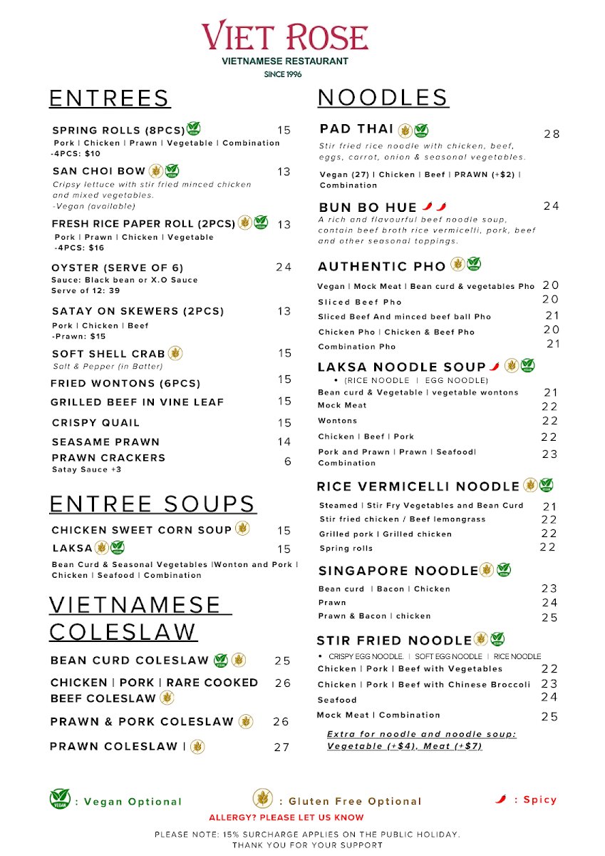 Menu, Viet Rose Restaurant