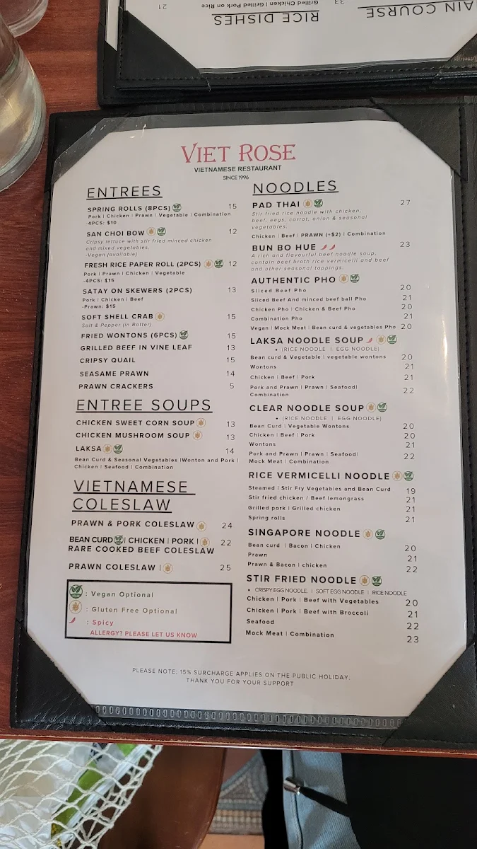 Menu, Viet Rose Restaurant