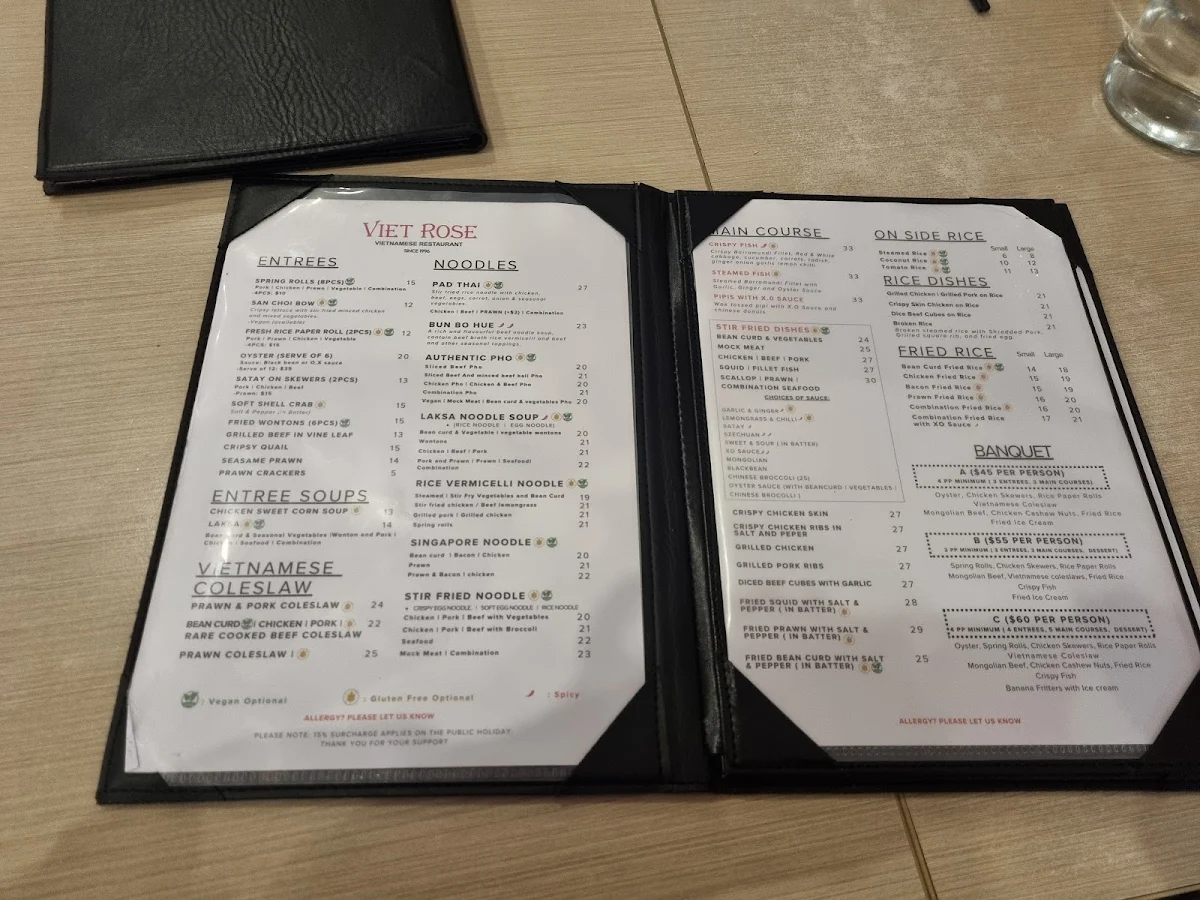 Menu, Viet Rose Restaurant