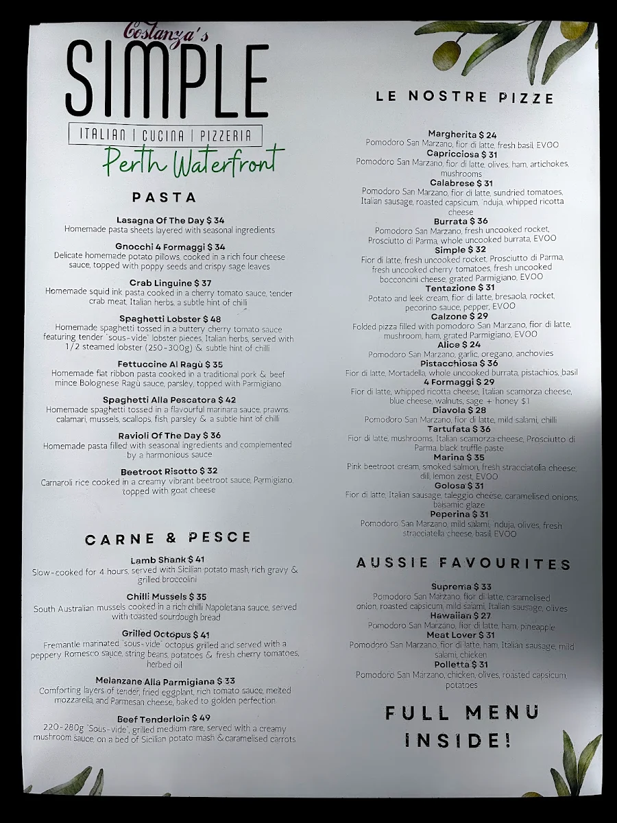 Menu, SIMPLE Italian Cucina Pizzeria Perth City