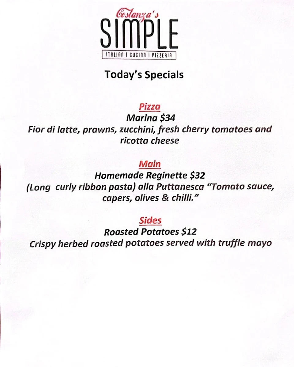 Menu, SIMPLE Italian Cucina Pizzeria Perth City
