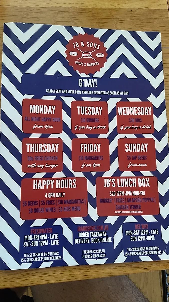 Menu, JB & Sons Dee Why