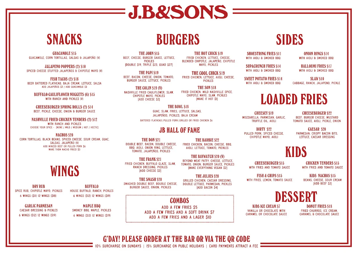 Menu, JB & Sons Dee Why