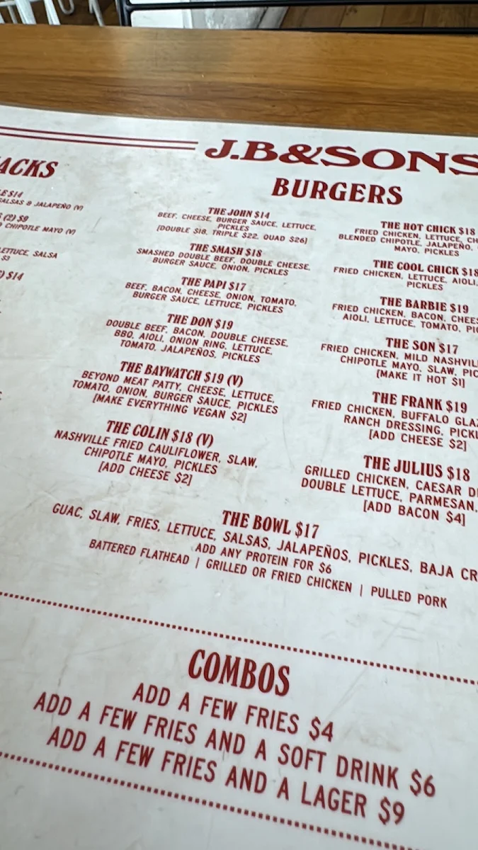 Menu, JB & Sons Dee Why